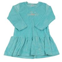 Tyrkysové plyšové šaty nápisom a srdiečkami