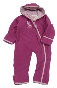 Nové - Růžová fleecová podšitá kombinéza s kolouškem a kapucí 