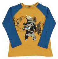 Okrovo-modré triko s medvídkem z flitrů Fat Face