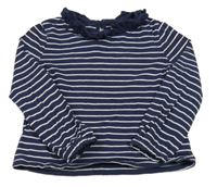 Tmavomodro-bílé pruhované triko s volánky Tu