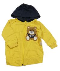 Žlto-tmavomodrá prepínaci mikina s medvedíkom a kapucňou