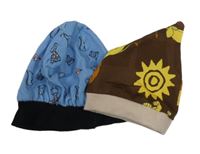 2x - Modro-tmavomodrá se zvířátky + hnědá čepice se Simbou