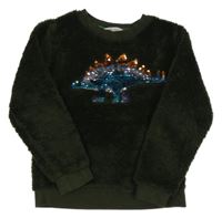 Olivová chlpatá mikina s dinosaurem z flitrů H&M