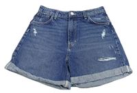 Modré relaxed high waist rifľové kraťasy s vyšúchaním Denim Co.