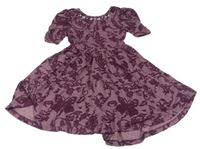 Vínové pruhované úpletové šaty s motýlikmi a korálky/kamínky M&Co