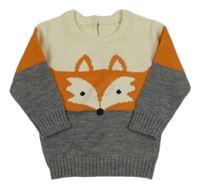 Smetanovo-oranžovo-sivý melírovaný pletený sveter s líškou