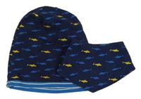 2Set - Tmavomodrá oboustranná čepice s rybičkami + šátek/slinták