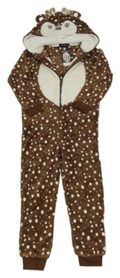 Nové - tmavohnědo-bílá plyšová kombinéza s kapucí - sob zn in extenso