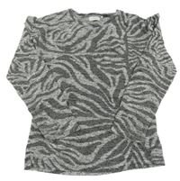 Šedo-tmavošedo-černé melírované vzorované úpletové mikinotriko s volánikmi Next