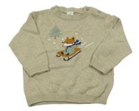 Béžovo-šedý melírovaný svetr s liškou a stromečkem H&M