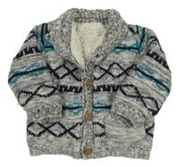 Šedo-bílo-černo-modrozelený melírovaný vzorovaný pletený propínací zateplený svetr NUTMEG