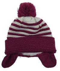 Víšňovo-biela pruhovaná pletená zateplená čapica s brmbolcom