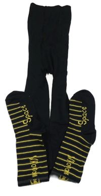 Černé punčocháče s raketami a žluto-tmavošedými pruhy