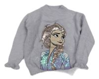 Světlefialový chlupatý svetr s Elsou s flitry a volánky C&A