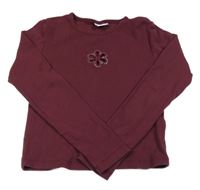 Mahagónovoé rebrované crop tričko s kvietkovaným prestrihom a kamienkami Page one young