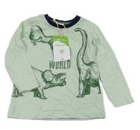Nové - světleolivovo-tmavomodré melírované pyžamové triko s dinosaury ALANA