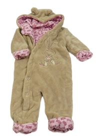 Světlehnědá plyšová podšitá kombinéza se zajíčkem a kapucí s oušky Ergee