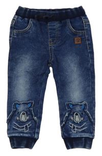 Tmavomodré cuff teplákové rifle s medvedíkmi a úpletovým pasom so cute