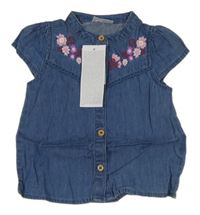 Nové - modrá riflová halenka s kytičkami so cute