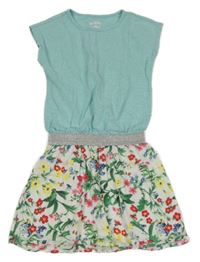 Mátovo/melírovano-biele šaty s kvietkami a strieborným pasom Tchibo