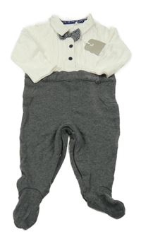 Nové - tmavošedo-biely melírovaný slávnostný overal s motýlkom a golierikom Tu