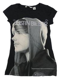 Čierne tričko s Justinem Bieberem a kamienkami H&M