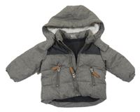 Tmavošedo-čiernošedá melírovaná prešívaná šušťáková zimná bunda s nášivkou a odopínacíá kapucňou H&M