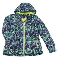 Tyrkysovo-fialovo-modrá šusťáková lyžařská bunda s listy a kapucí