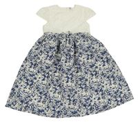 Bielo-tmavomodré plátenné šaty s kvetinami Topolino