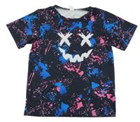 Černo-modro-růžové skvrnité tričko se smajlíkem Shein