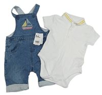 2 set - Bílé body + modré podšité riflové laclové kalhoty s plachetnicí Mothercare