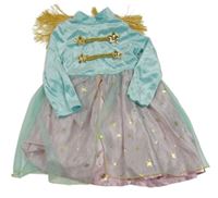 Kockovaným - modro-ružové zamatové šaty s hviezdičkami a strapcemi zn. Tu