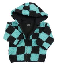 Modro-černá kostkovaná huňatá propínací mikina s kapucí Primark