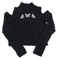 Čierne crop tričko s odhalenými rameny a motýlikmi Page one young