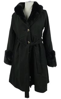 Dámský černý flaušový kabát s kožíškem a páskem Shein 