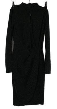 Dámske čierne trblietavé koktejlové púzdrové šaty s prestrihom Roco