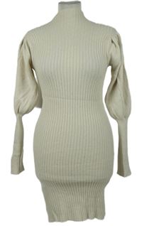 Dámské béžové žebrované svetrové šaty s nabíranými rukávy 