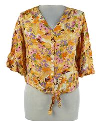 Dámska oranžová kvetovaná crop blúzka s uzlom George