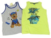 2x tílko neonově žluté s dinosaury+ šedé s Paw PAtrol