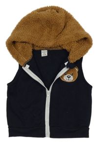 Tmavomodro-hnedá prepínaci vesta s medvěďom a kapucňou Shein