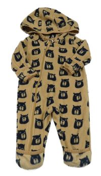 Béžová fleecová kombinéza s medvědy a kapucí 