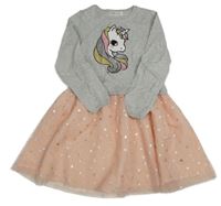 Šedo-růžové pleteno/tylové šaty s jednorožcem H&M