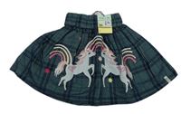 Nové - Tmavomodro-zelená kockovaná kolová sukňa s jednorožcami Lily + Sid