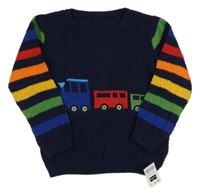 Nové - Tmavomodro-barevný svetr s pruhovanými rukávy a vlakem Dunnes Stores