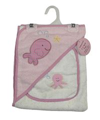 Nové - 2 set - bílo-růžová froté osuška s rybou a kapucí + žínka 