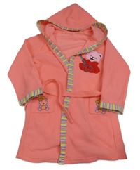 Korálový froté župan s medvídkem a kapucí 