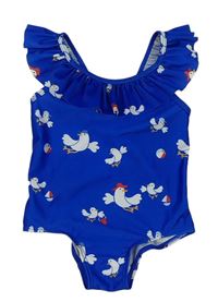 Modré jednodielne plavky s ptáčky a s volánikom zn. H&M
