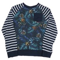 Tmavomodro-pruhované triko s květy a kapsou We