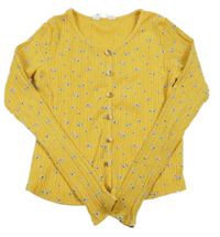 Žluté kytičkované žebrované propínací crop triko H&M