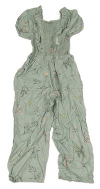 Světlezelený žabičkový kalhotový overal s kytičkami Laura Ashley